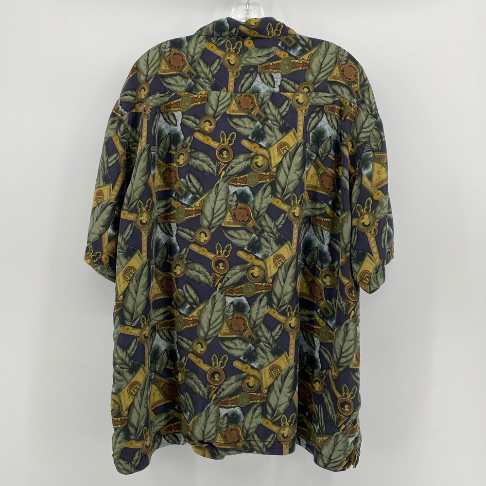 Retreat Mens Large Silk Button Down Shirt Cigar Tobacco Leaf Print Blue Green - Picture 4 of 6